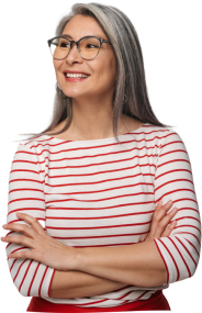 Senior Asian woman in red striped shirt facing left